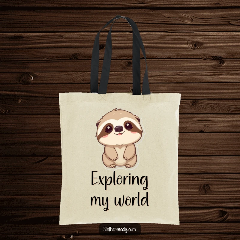 Funny Tote Bag: A kawaii sloth looks up with gentle curiosity, a symbol of innocence, perfect for carrying everyday items, a funny gift.