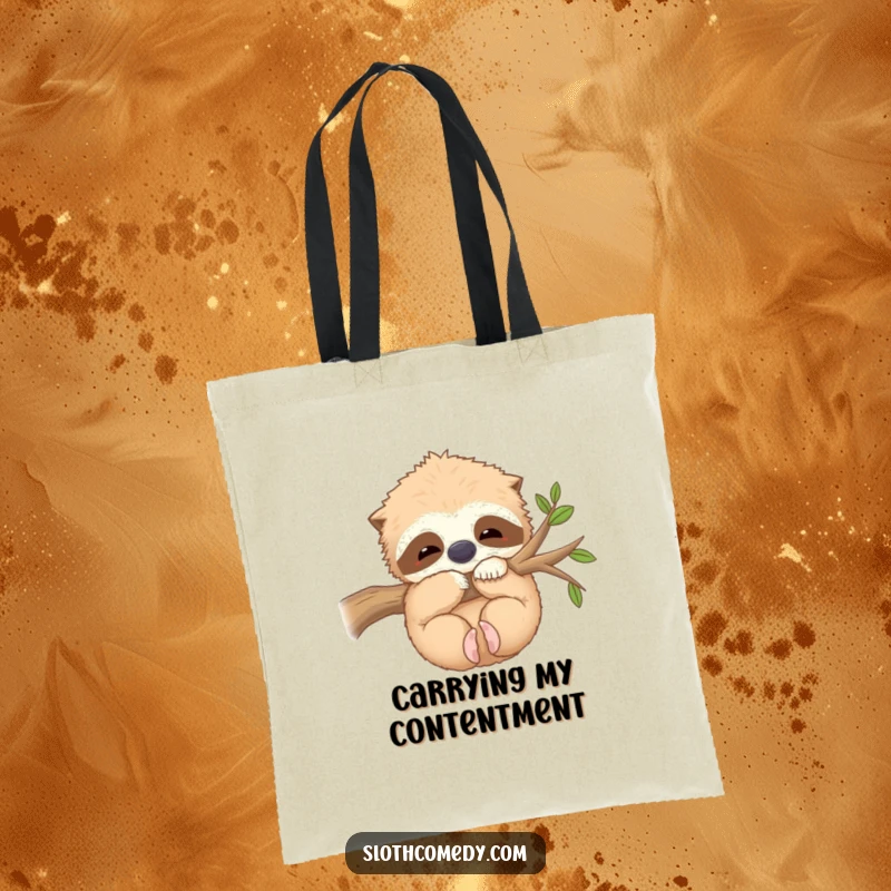 Funny Tote Bag: A kawaii sloth hugs a fuzzy branch contentedly, a symbol of peace, perfect for everyday use, a funny gift.