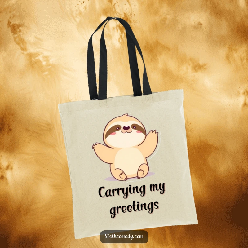 Funny Tote Bag: Kawaii sloth doing a very slow, gentle wave, great for shopping and spreading calm greetings.