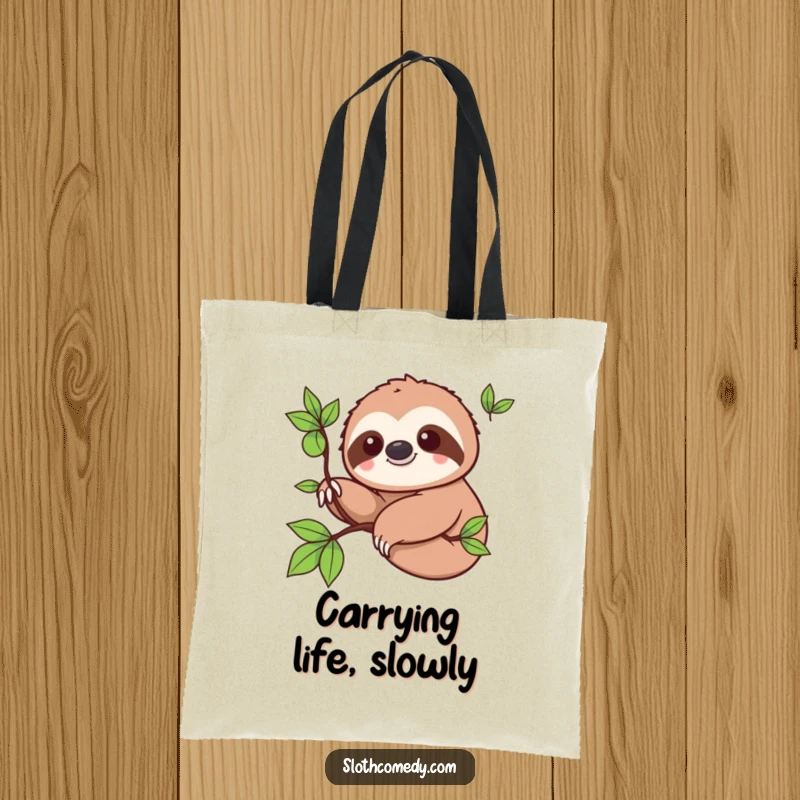 Funny Tote Bag: Kawaii sloth smiling and slowly extending a branch, great for shopping and showcasing a laid-back attitude.