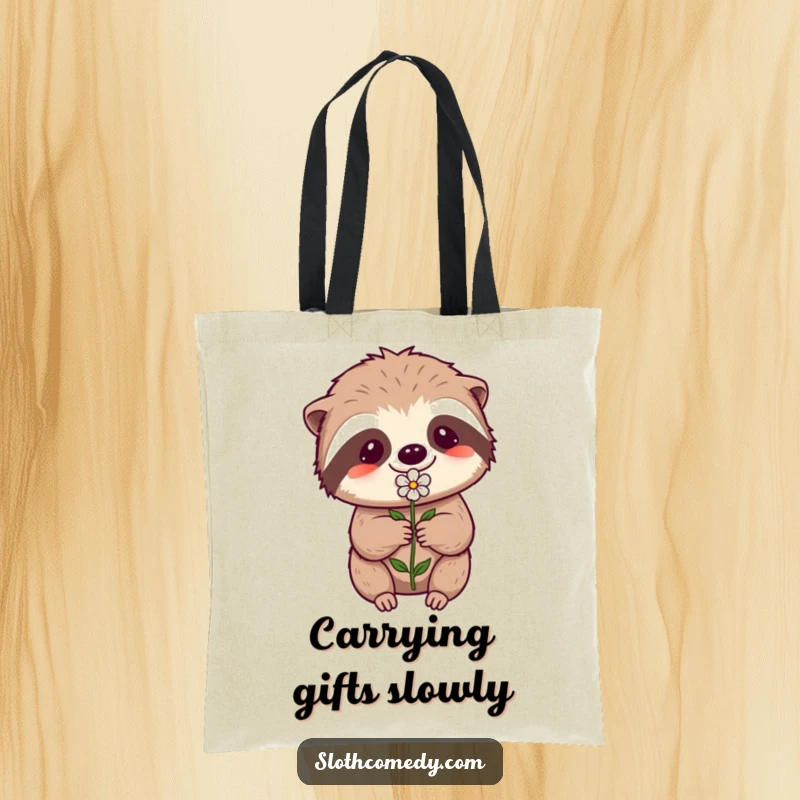 Funny Kawaii Sloth Tote Bag: A sloth struggles to offer a flower, perfect for humorous and effort-filled daily carrying.