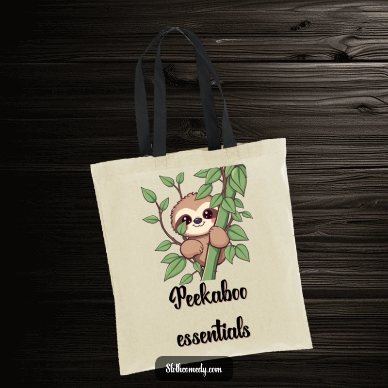 Funny kawaii sloth tote bag with a sloth peeking from behind a vine, ideal for playful and humorous everyday use.
