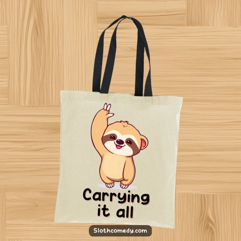 Funny Kawaii Sloth Tote Bag: A spacious bag featuring a sloth dramatically stretching one arm upwards, great for shopping.