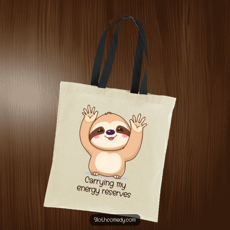 Funny kawaii sloth tote bag, showcasing a cute sloth mid-slow wave, great for shopping and adding humor to daily tasks.