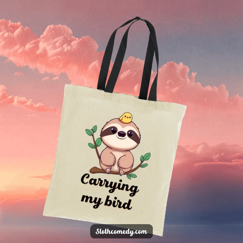 Funny sloth tote bag, showing a relaxed sloth with a tiny, cheerful bird perched on its head.