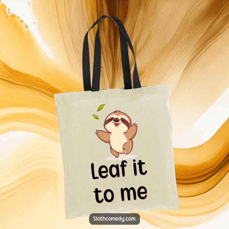 Funny tote bag with a sloth comically trying to catch a falling leaf, perfect for carrying items with humorous determination.