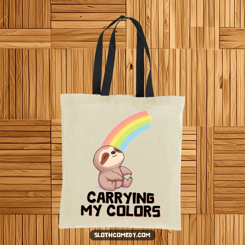 Funny Tote Bag featuring a sloth looking blissfully at a beautiful rainbow, celebrating hope and dreams.