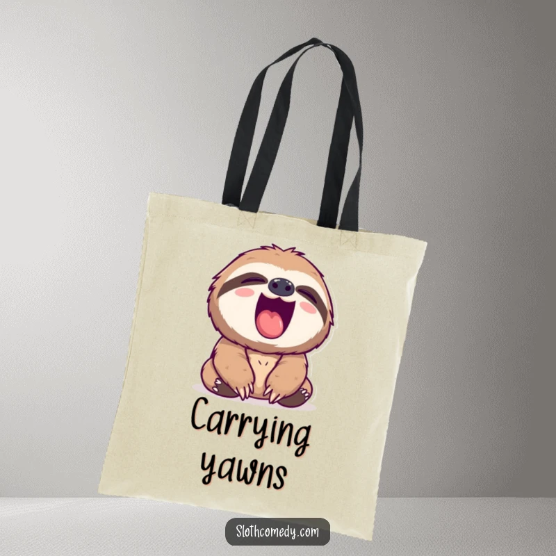 Funny sloth tote bag showing a sloth yawning widely with its pink mouth, a humorous and practical accessory.