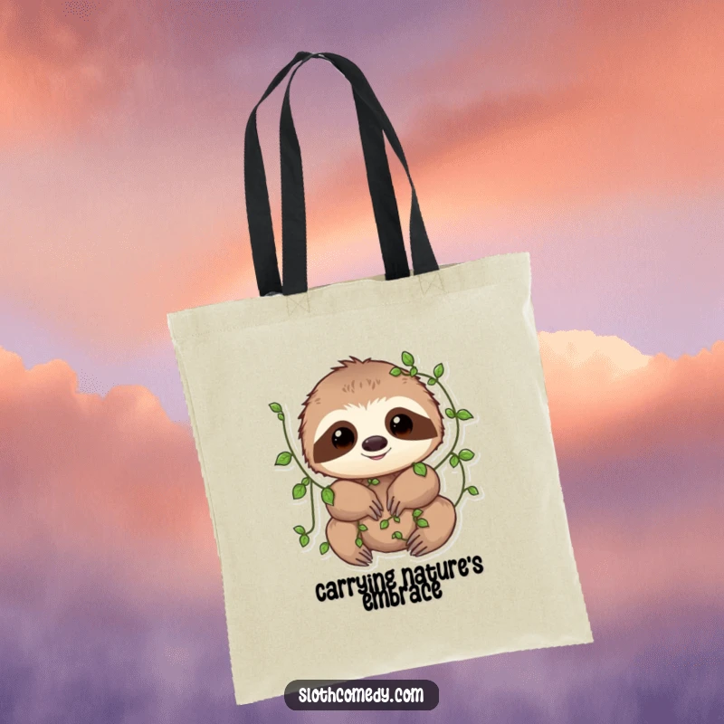 Funny Tote Bag showcasing a sloth with small vines playfully wrapped around its limbs, embodying a whimsical connection to the natural world.