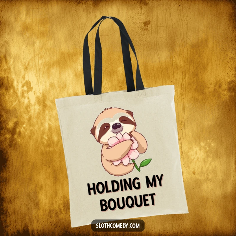 Funny Tote Bag featuring a sloth in a slow, happy embrace with a large flower, celebrating nature.