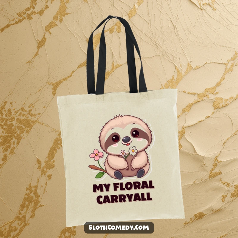 Funny Kawaii Sloth Flower Tote Bag depicting a cute sloth with a tiny flower, ideal for humorous and stylish everyday use.