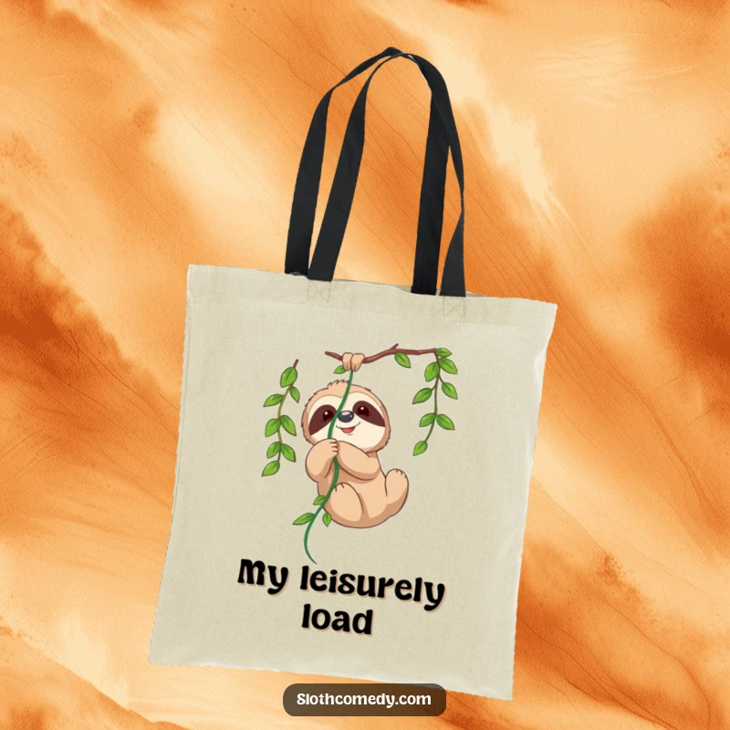 Funny tote bag with a design of a sloth playfully entangled in a vine, perfect for carrying items with a touch of humor.