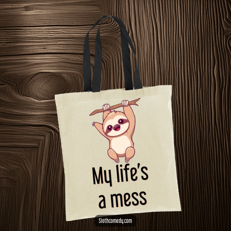Funny Tote Bag: A kawaii sloth hangs upside down with one arm out, a fun and quirky design, perfect for daily use, a funny gift.