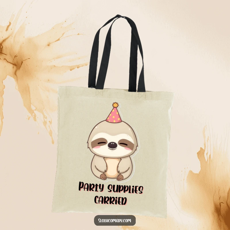 Funny kawaii sloth tote bag featuring a sleepy sloth wearing a tiny party hat, perfect for carrying party essentials.