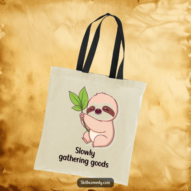 Funny Kawaii Sloth Leaf Tote Bag depicting a cute sloth slowly reaching for a leaf, ideal for humorous and practical everyday use.