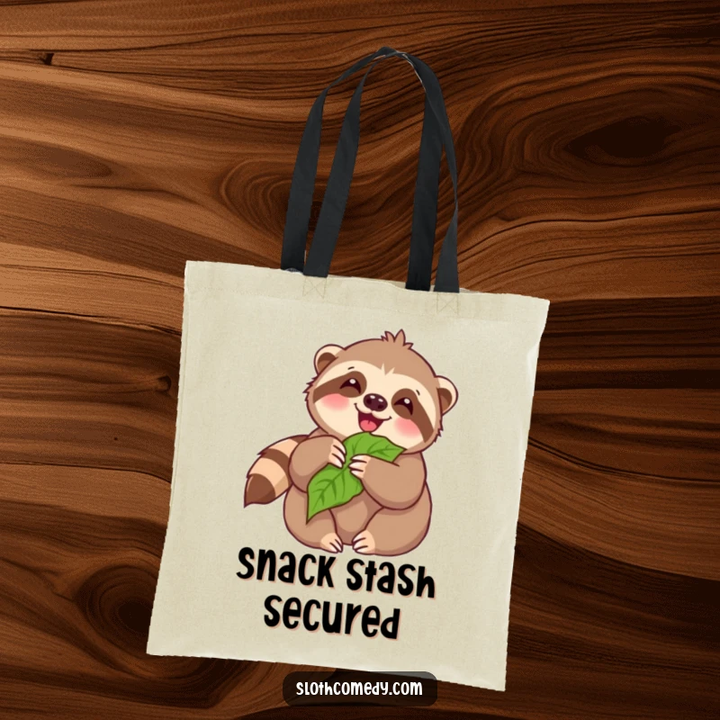 Funny Tote Bag: Kawaii sloth happily munching on a leaf, great for shopping and displaying a love for snacks.